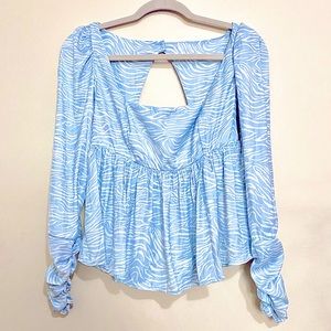 NWOT Free People Baby Blue Silky Satin Zebra Print Blouse MSRP$149